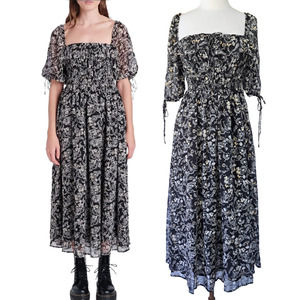 En Saison Maxi Dress Black Boho Floral Paisley Chiffon Smocked
